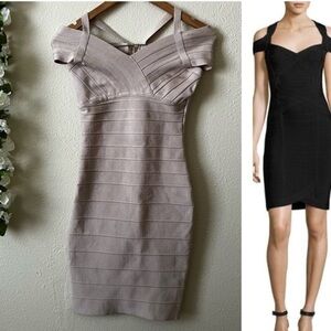 Herve Leger Nude Beige Cold Shoulder Bandage Mini Dress